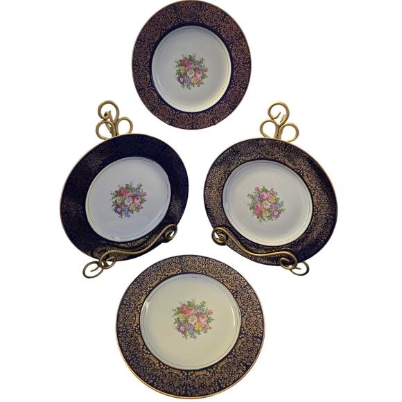 Vintage Cobalt Blue and Gold Homer Laughlin China Set Of 4 Dinner Plates 10 3/4" - Picture 1 of 3